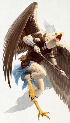 the image features a digitally rendered aarakocra, a humanoid bird creature from fantasy settings. it has the head and features of an eagle with a sharp beak. the aarakocra has brown and white feathers, large wings, and stands on birdlike legs with sharp talons. it wears leather armor and holds a spear. a blue cloth hangs from its waist, and a small pouch is attached to its side. the artwork is detailed and depicts the creature in a dynamic pose.
