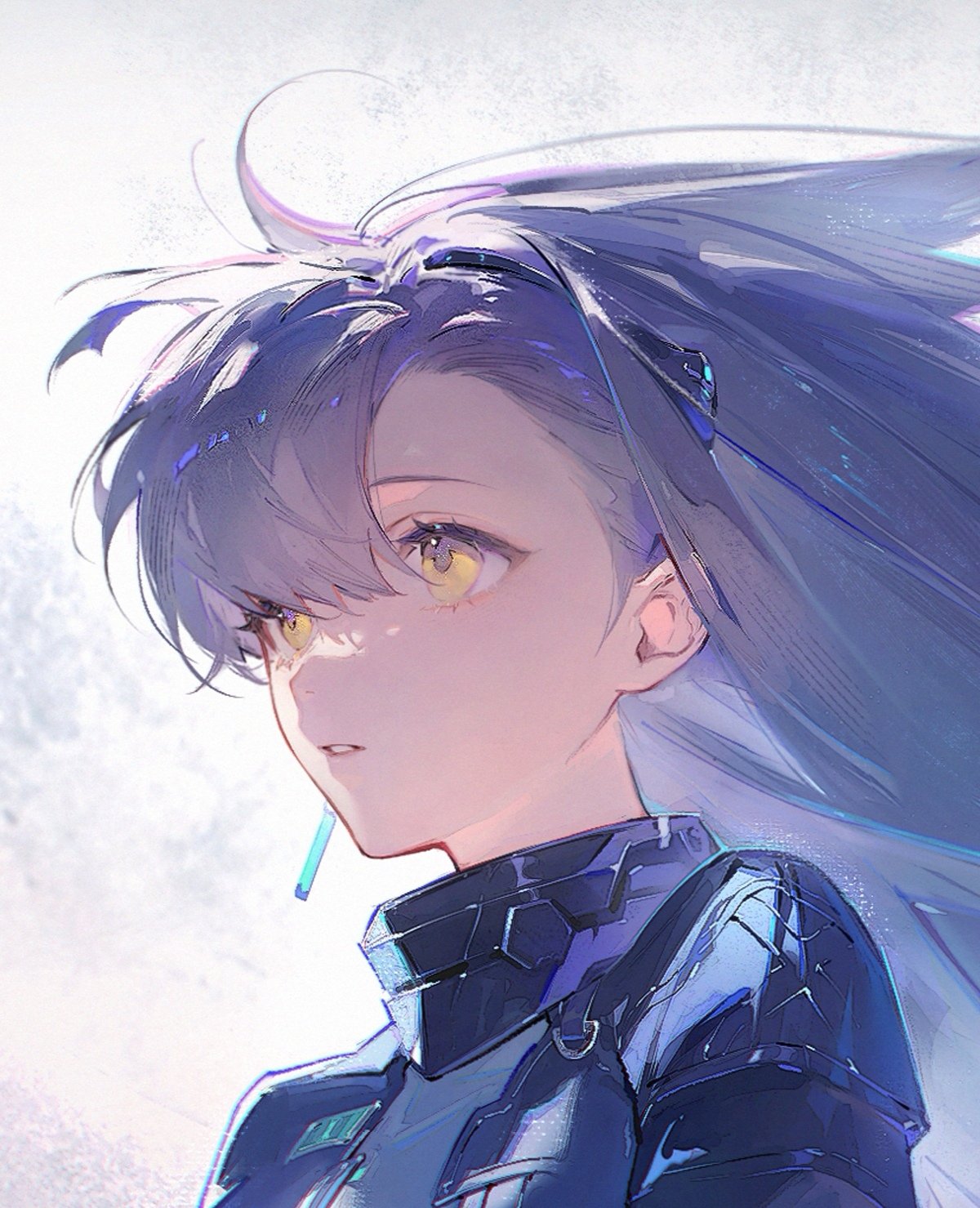 he image showcases a digital illustration of a young anime girl with long, flowing silver hair and captivating yellow eyes. her expression is serene, almost contemplative, as she gazes towards the left side of the frame. she sports a futuristic, sleek outfit with blue accents, hinting at a possible scifi setting. the background is a wash of soft white and purple hues, creating a backlit effect that highlights the girl's delicate features and windswept hair. the overall style is reminiscent of japanese animation, with a focus on expressive eyes and ethereal beauty.