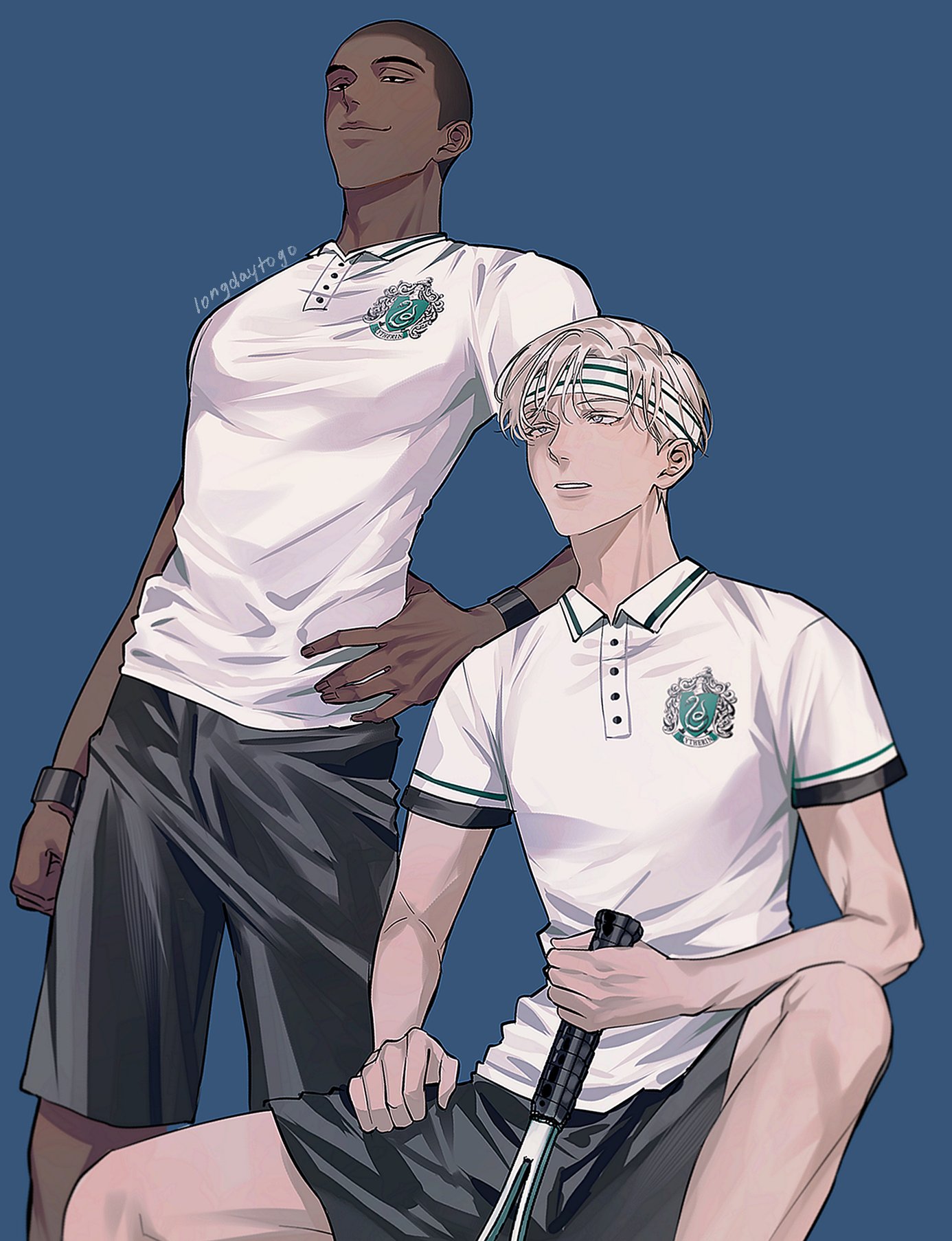 the image is a digital illustration showcasing two animestyle men in athletic attire.  one man has dark skin and the other has light skin. both are wearing white polo shirts with a dark green emblem (resembling the slytherin house crest from harry potter) and dark gray shorts. the lighterskinned man holds a tennis racquet and wears a green headband.  they are posed in a dynamic way, suggesting a sporty or athletic theme. the style is clean and polished, with soft shading and a consistent color palette. the artist's signature, "longdaytogo," is subtly placed on the left.