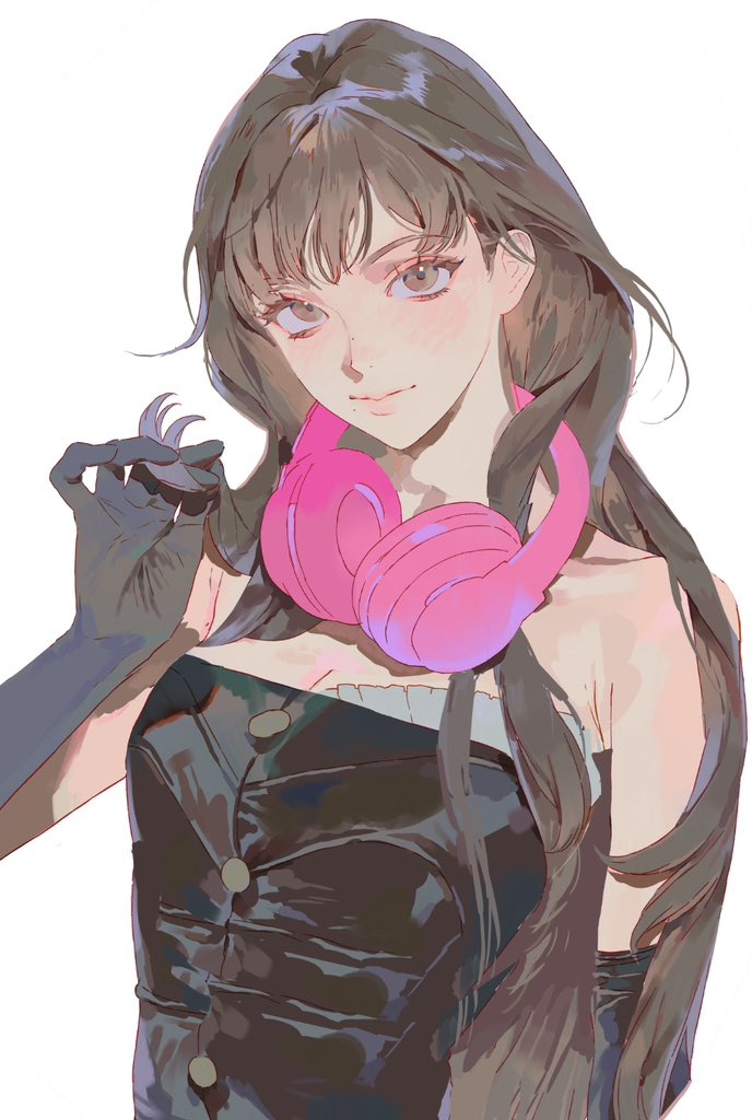 an anime girl with long dark brown hair and bangs is wearing a black dress and pink headphones around her neck. she is smiling. she has fair skin and is wearing long black sleeves.