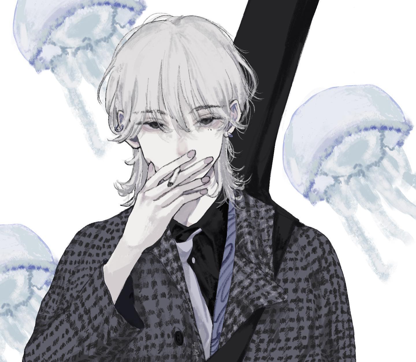 the image is a digital painting or illustration of a young animestyle boy with long, white hair. he is wearing a stylish gray coat and has a guitar case strapped to his back. his hand is covering his mouth, and there are several jellyfish floating in the background. the overall style is elegant and mysterious, with a monochrome color scheme of blues, grays, and whites. the detail in the hair, clothing, and background is very impressive.