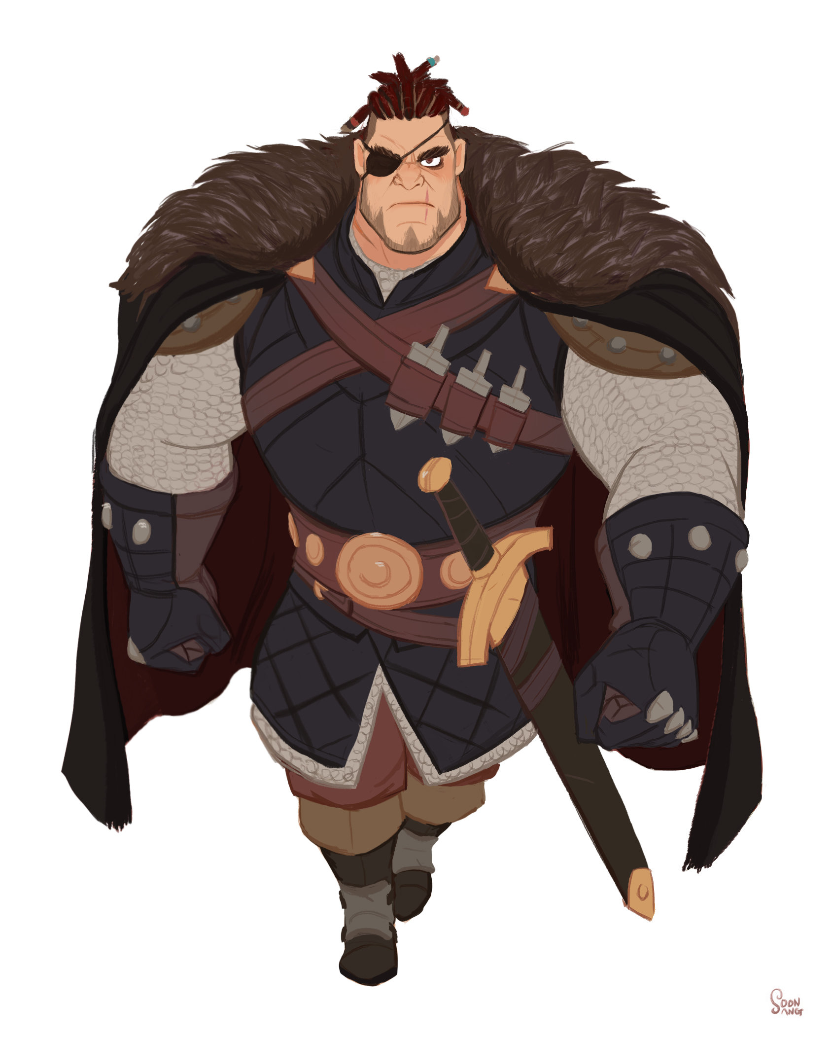 a digital illustration of a burly warrior with a furlined cloak and an eye patch stands with his sword at the ready. he wears chainmail and leather armor adorned with circular metal plates. the image is drawn in a stylized, almost cartoonish manner, and features a muted color palette. the lighting is soft and diffused, coming from slightly above the character. the low angle perspective makes the character appear imposing and powerful.