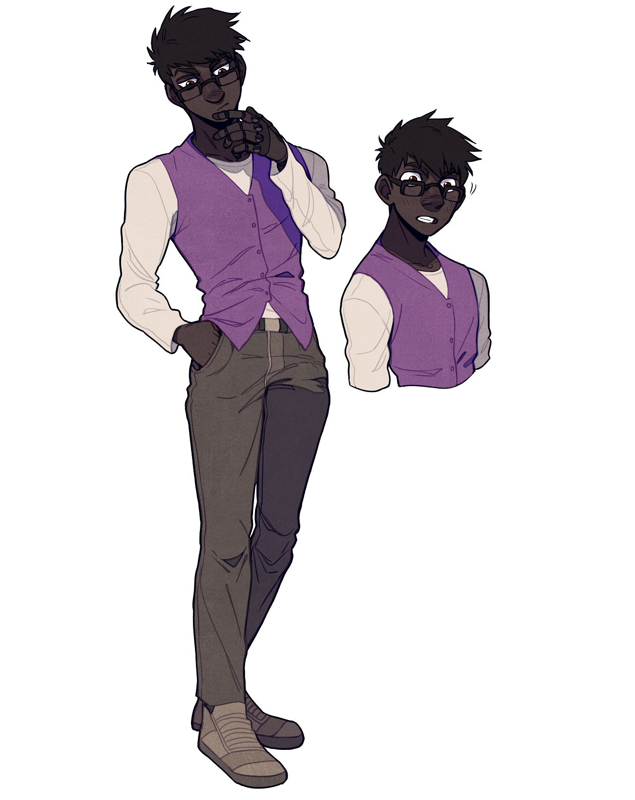 a full body illustration of a darkskinned man with short black hair and glasses. he is wearing a white shirt, a purple vest, gray pants, and brown shoes. he is standing with his right hand in his pocket and his left hand touching his chin. a smaller bust illustration of the same character is to the right of the fullbody illustration and shows the character with his mouth slightly open.