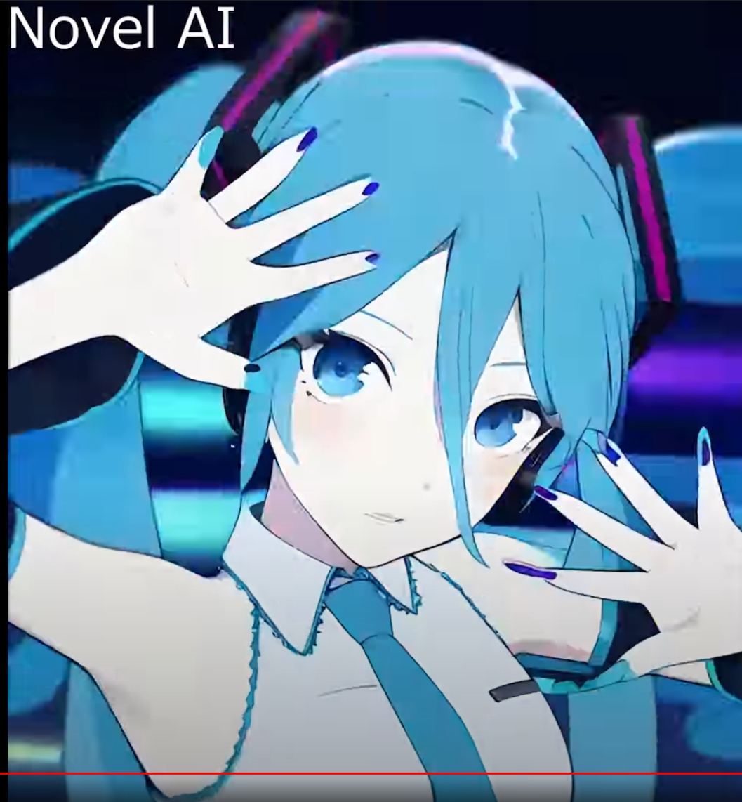 an animestyle girl with long, turquoise hair and blue eyes is shown in a stylized manner.  she wears headphones around her neck and has her hands raised in front of her face, palms outward. the image is brightly lit with a blue and purple color scheme, giving it a futuristic and energetic vibe. her outfit consists of a white shirt with a teal collar and a blue tie.  the name “novel ai” appears in the top left corner of the image.