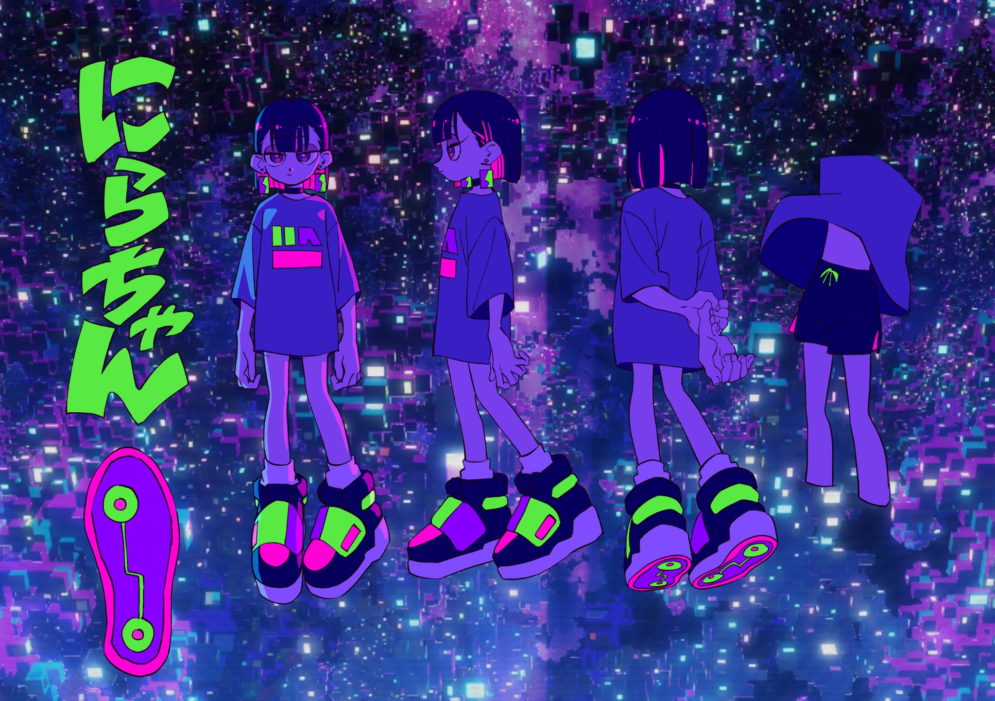 a digital illustration of an animestyled female character in various angles against a vibrant cosmic backdrop. the character, with short black hair and a purple oversized tshirt, showcases a futuristic, cyberpunk aesthetic, accentuated by neon highlights and a spacethemed background.