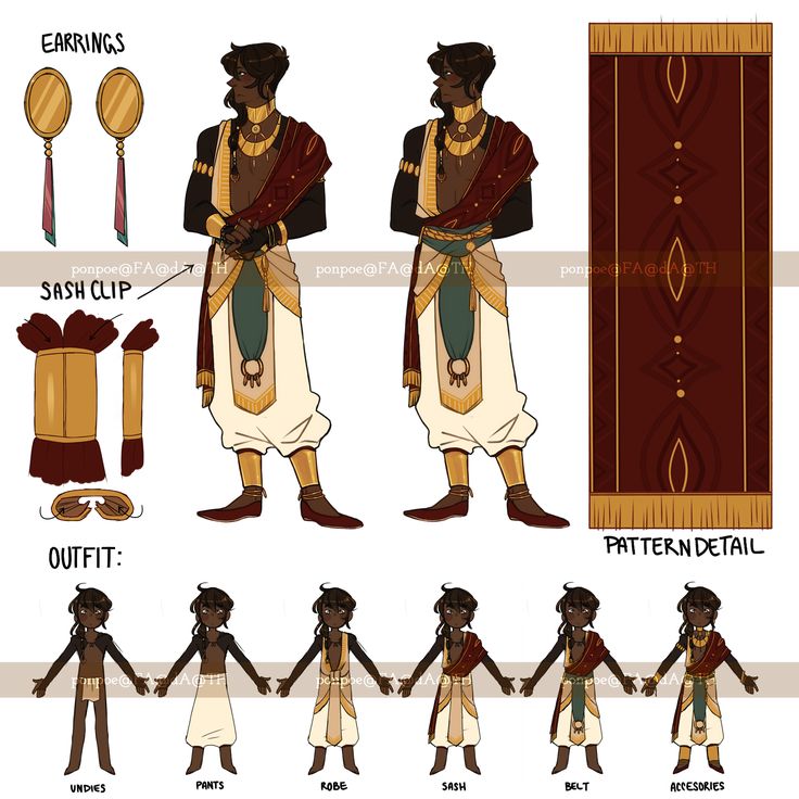 this is a fashion design illustration of a male character, including details of all the outfit components, like pants, sash, robe,  belt,  accessories,  earrings,  sash clip,  pattern detail,  undies.  the  character is middle eastern,  he has dark skin,  wearing traditional arab clothing.