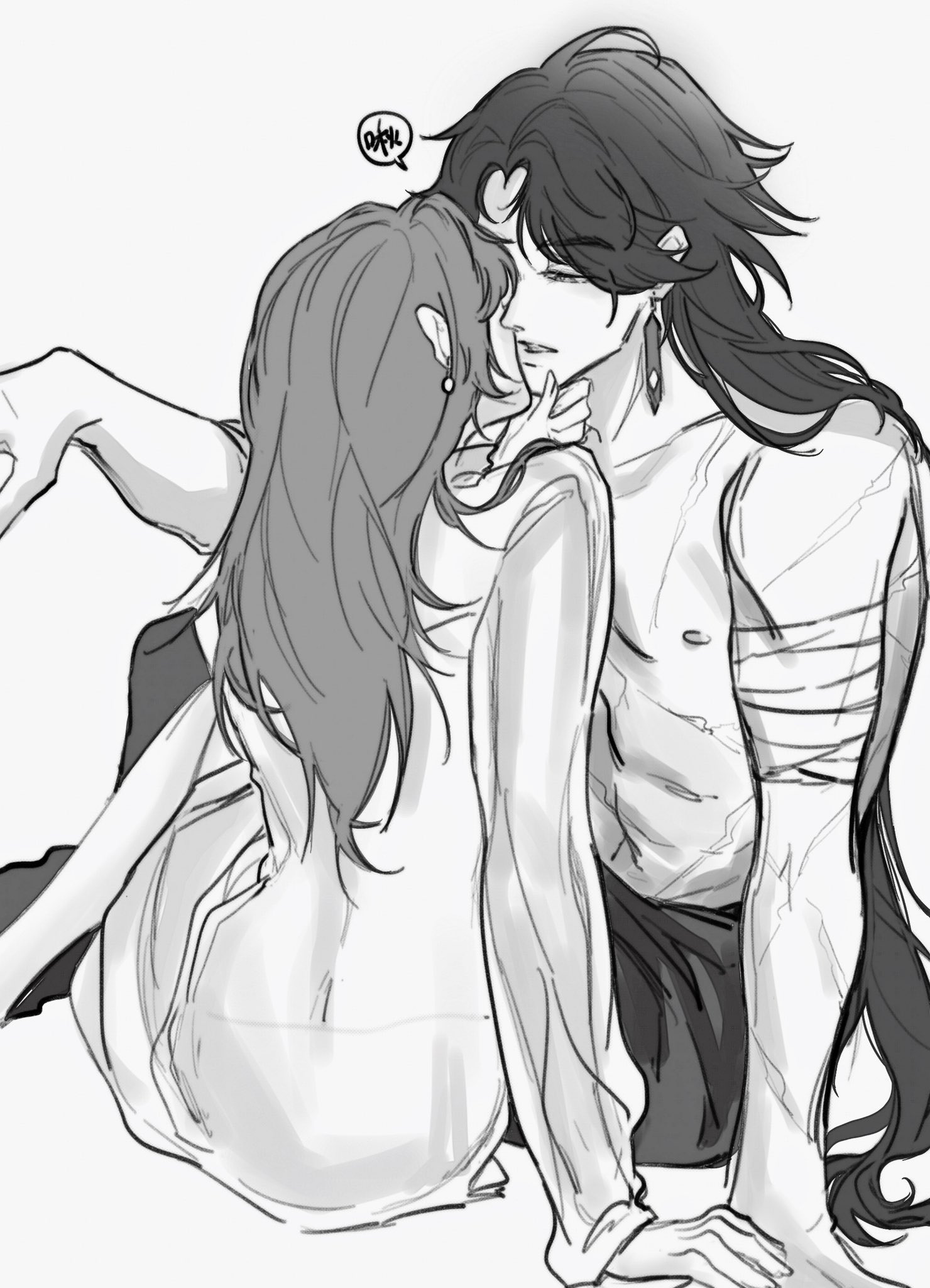 a black and white drawing of an anime couple. the girl is wearing a white shirt and the boy is shirtless, holding her close with his arm around her shoulder. the girl's head is leaning on the boy's chest and she is looking up at him. the boy is looking down at her and seems to be smiling slightly. there is a speech bubble next to the girl's head, which says "ah!".
