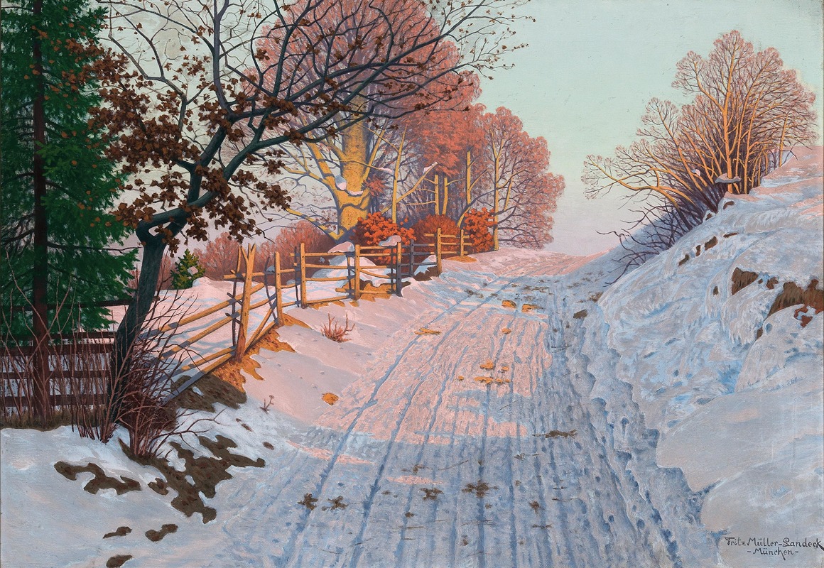 the image is a painting by fritz müllerlandeck depicting a winter landscape with snowcovered ground. a path leads through the snow, flanked by wooden fences and various trees, some bare and some with foliage. the sky is a pale hue, and the light casts shadows across the snowy surface. the painting captures a serene rural scene.