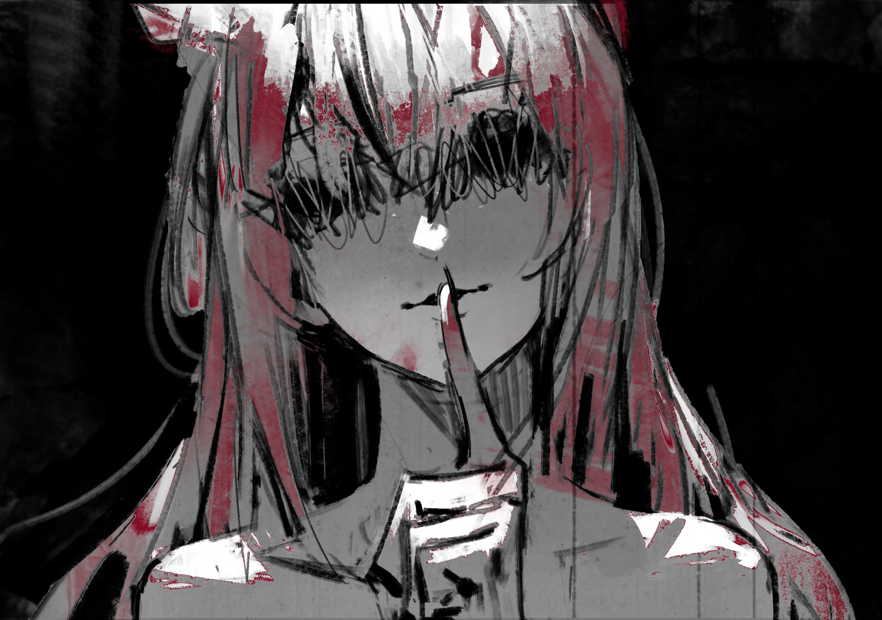 a stylized, unsettling digital art portrait of an anime girl with a finger to her lips in a shushing gesture. the image is mostly black and white with red highlights throughout the hair and face. the girl has obscured, dark eyes, and a faint smile. the style is reminiscent of a sketch or manga art. the overall tone is dark and mysterious.