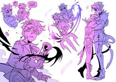 the image showcases several sketches of a young male character in various poses, embodying themes of magic and transformation. he is depicted with spiky hair and an elaborate outfit, wielding what appears to be a magical staff or wand. the sketches highlight different angles and actions, including casting spells, teleporting, and struggling against a dark force. the use of dynamic lines and swirling shapes evokes a sense of movement and power. the character’s expressions range from determined to distressed, hinting at an internal conflict. the overall style is expressive and energetic, characteristic of fantasy illustration.