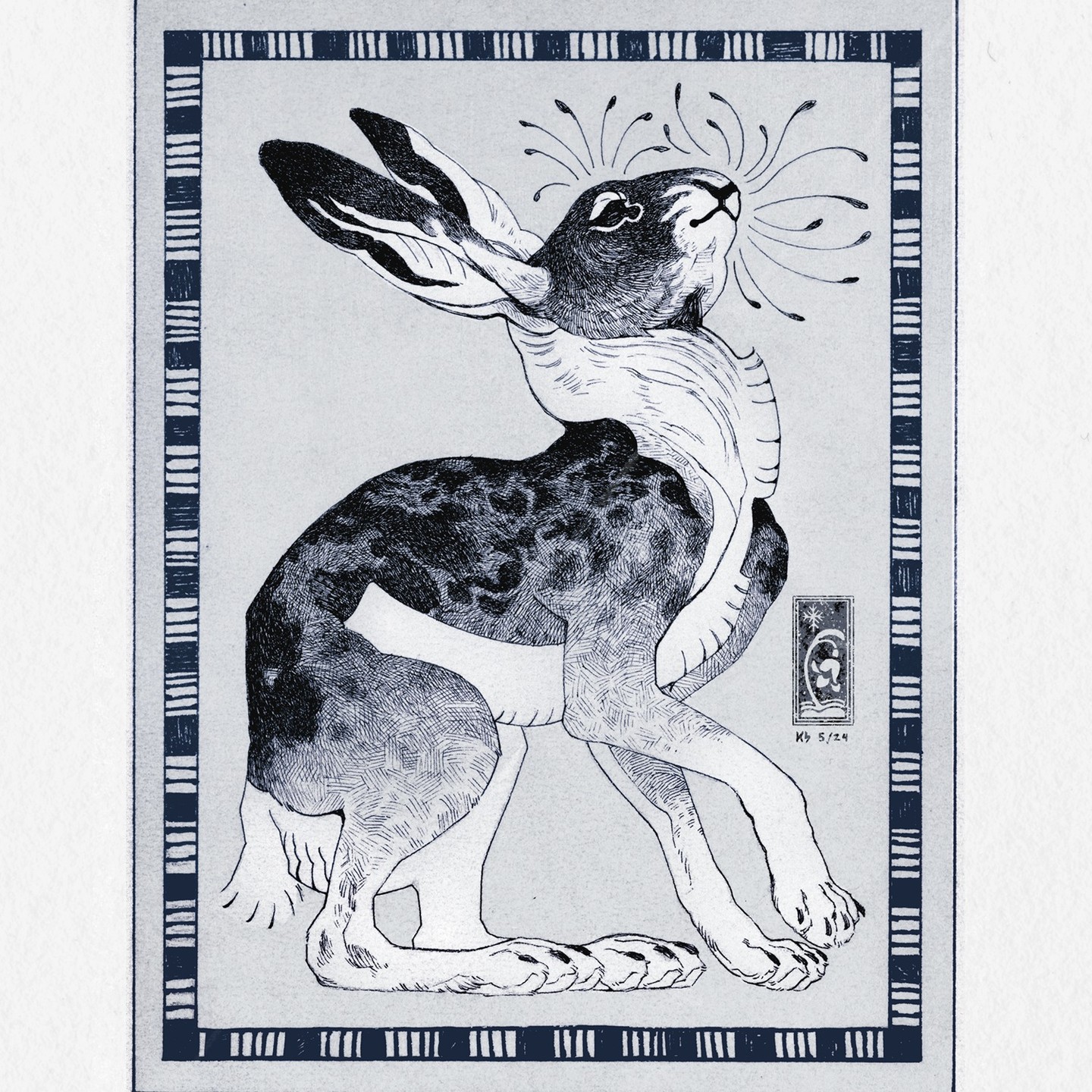he image is a detailed closeup shot of an art print featuring a stylized illustration of a hare or rabbit. the hare is depicted in a dynamic pose, with its ears erect and its head tilted upwards towards a burst of stylized floral elements that emanates from above. the animal's fur is rendered with meticulous hatching and crosshatching, creating a sense of texture and depth. its coloration is predominantly dark blue, providing a stark contrast against the lighter gray background of the print. the hare's body is intricately detailed, and the artist pays close attention to the animal's anatomy and form.the illustration is enclosed within a decorative border, comprising repeating geometric patterns that create a sense of symmetry and elegance. a small, distinct square mark (possibly a signature or edition number) is visible in the lower right corner of the print. the overall style of the art print evokes a sense of vintage or antique aesthetics, blending elements of nature and stylized design to create a unique and visually compelling piece.  the paper background shows faint texture.