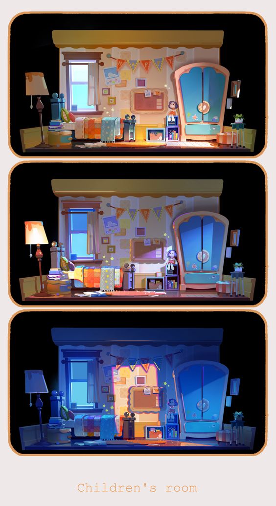 the image shows three different versions of the same children's bedroom, each illuminated by a different time of day. the first image is daytime, the second is sunset, and the third is nighttime. the room is decorated in a cozy and playful style, with a bed, wardrobe, window, lamp, nightstand, toys, books, and decorations. there are no people present in the image.