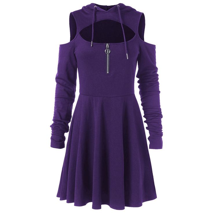 a purple skater dress with a hoodie, cold shoulders, and a cutout at the neckline. it has a zipper in the front and long sleeves.