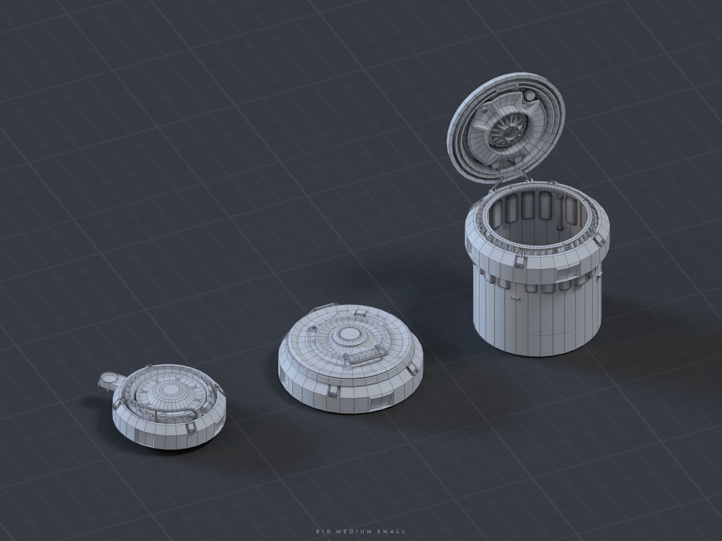 the image shows a 3d wireframe render of three containers of varying sizes. the largest container is open, revealing its cylindrical interior. the other two are closed. the containers have a futuristic, scifi aesthetic. they are labeled "big", "medium", and "small" indicating their relative size. the background is a dark gray grid.