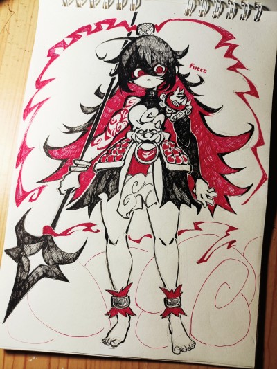 the image is an ink drawing of an anime character. the character is a young woman with long, flowing black hair, and is wearing a red kimono with black accents. she is holding a spear that is tipped with a large, black star. the character has an expression of intensity and focus. she is surrounded by red clouds, giving the impression that she is moving quickly and powerfully.
