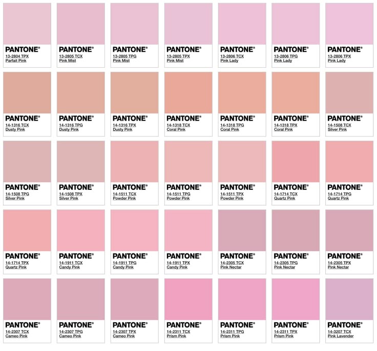 the image displays a collection of pantone color swatches in various shades of pink. each swatch is labeled with its specific pantone code and color name, such as "parfait pink," "pink mist," "pink lady," "dusty pink," and others. the layout shows a grid of these different pink hues, providing a visual guide to the range of pink colors available in the pantone system.