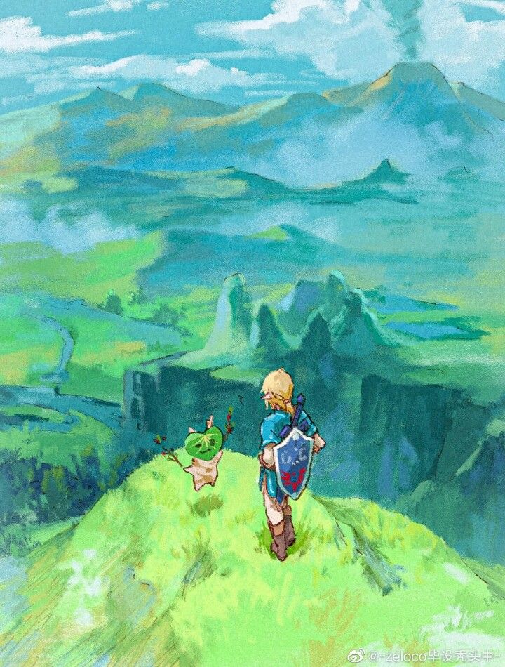 a drawing depicts link and a korok standing on a grassy hill with a vast landscape of mountains and valleys in the background. the sky is cloudy. the artwork is reminiscent of the art style from the video game "the legend of zelda: breath of the wild".
