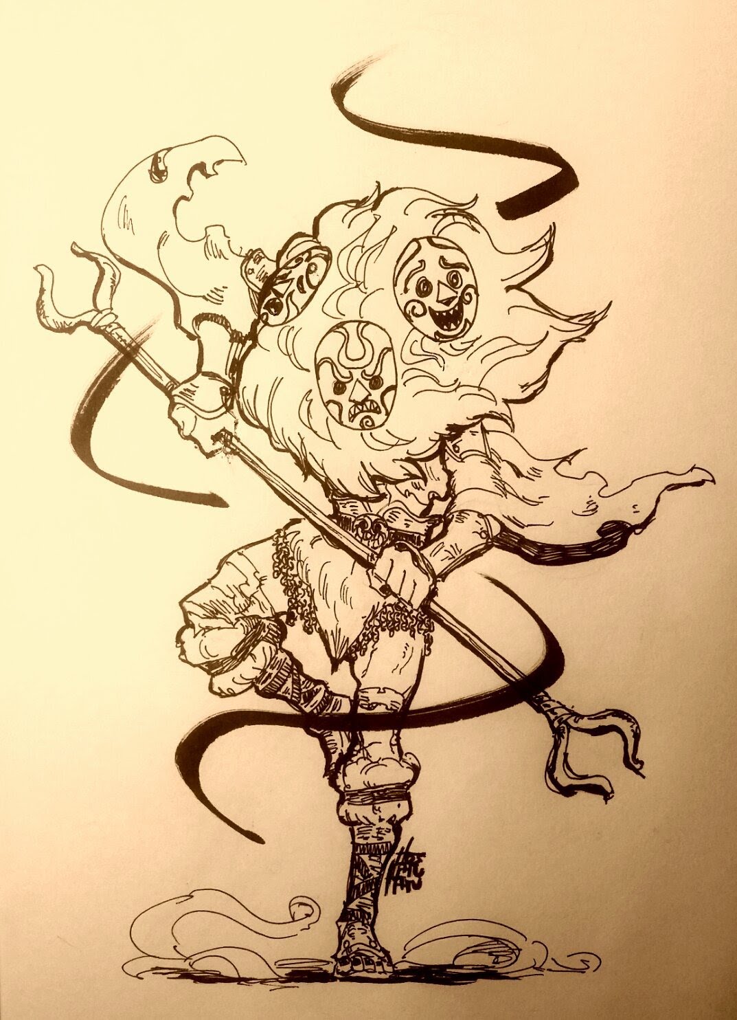 this is an ink drawing of a fantasy warrior. the warrior has three masks on their head and is holding a staff with a forked end. they are surrounded by swirling lines and there is wind at their feet.  the warrior is wearing armor and a tunic.  the drawing is done in black ink on a white background.