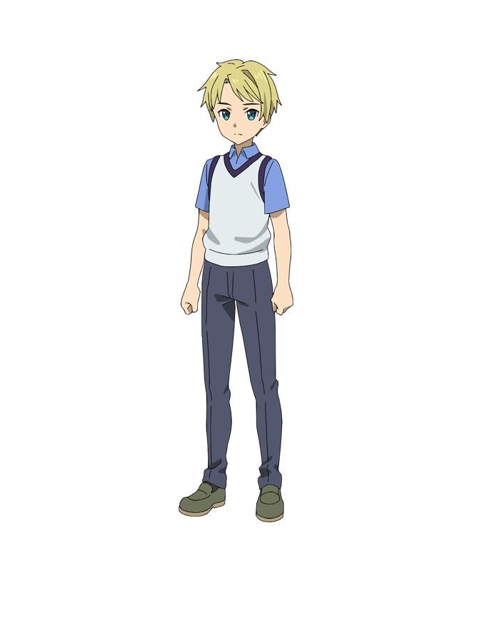 this is an illustration of an anime boy. he is standing with his arms at his side. he has blond hair, is wearing a white sweater, blue shirt, black pants, and green shoes. the background is white.