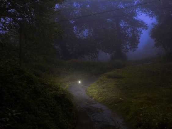 a dimly lit path winds through a foggy forest at dusk or dawn. the path is illuminated by a single light source, creating a sense of mystery and intrigue. the overall atmosphere is one of tranquility and serenity, with a hint of eerieness. the colors are predominantly dark blues and greens, reflecting the misty and moody ambiance.