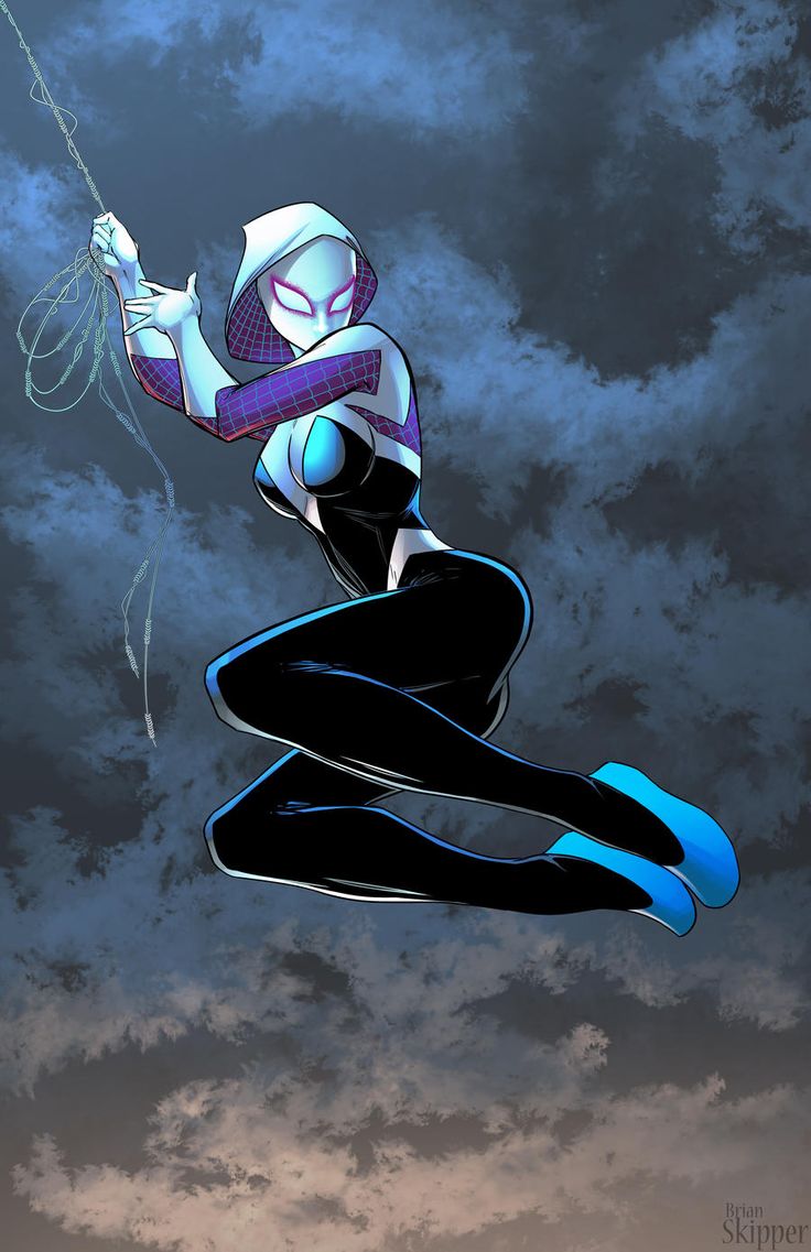 a female superhero in a black and white costume with a blue symbol is swinging through the air, dangling by a web. the background is cloudy and the sky is grey. the superhero's mask is white and she has pink accents around the eyes.