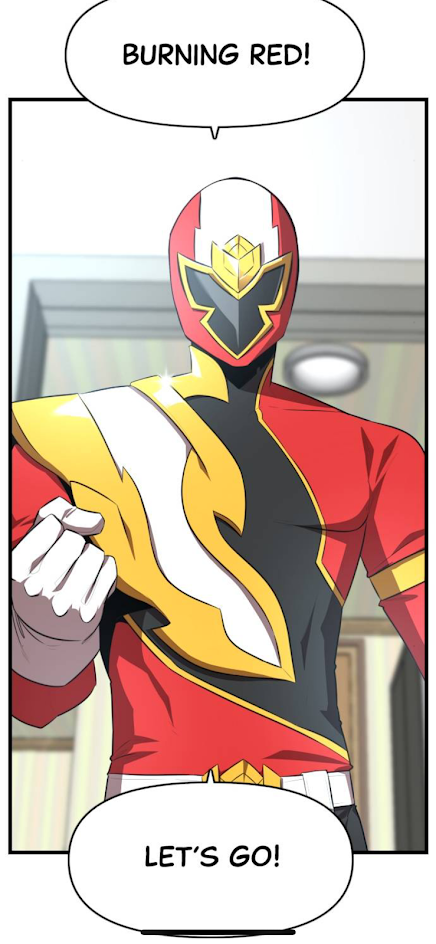 a red rangertype superhero is in a fighting stance with a speech bubble that says, "let's go!"  a second speech bubble above the ranger's head says, "burning red!"  the superhero is in a building hallway, with a brown door in the background.