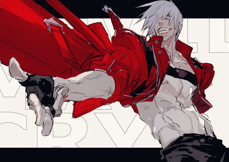 this is a drawing of a male anime character with white hair and red jacket. he is smirking and has a muscular physique with abs. the drawing is stylized and has a black background with white geometric shapes in the foreground.