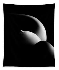 the image is a black and white closeup photograph of a woman's upper body, specifically focusing on her breasts and the curve of her torso. the lighting is dramatic, using strong chiaroscuro to highlight the curves and create a sensual, almost abstract effect.  most of the image is in deep shadow, with a spotlightlike effect illuminating the breasts. the overall feel is intimate and artistic. the photo is presented as a tapestry or wall hanging.