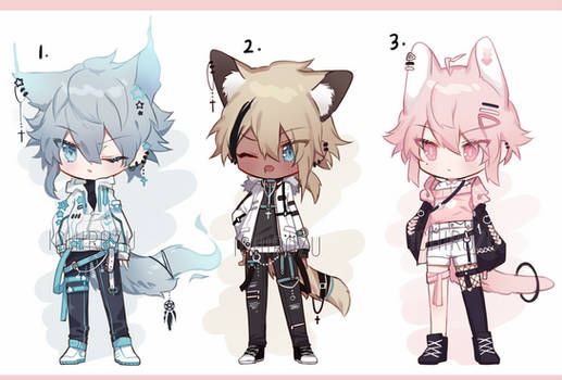 the image showcases three distinct animeinspired character designs set against a pristine white backdrop. each character, rendered in a chibi style, exudes a unique charm. the first, adorned in cooltoned attire, sports striking blue hair and a confident demeanor. the second, with tousled blonde hair and warm brown eyes, projects an air of nonchalant coolness. completing the trio, the third character, a vision in pink, embodies sweetness and innocence. their outfits, a blend of streetwear and fantastical elements, contribute to their individualistic appeal. the soft lighting enhances their delicate features, creating an overall aesthetic that is both visually pleasing and evocative of popular gacha game aesthetics.