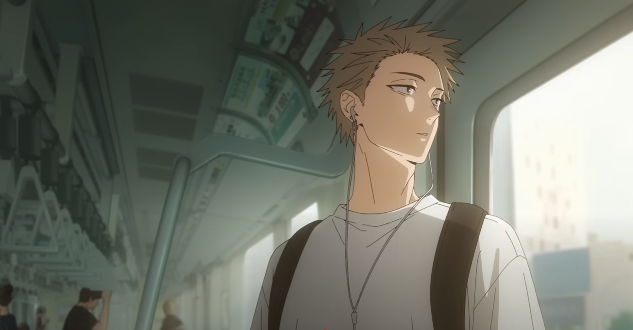 a closeup shot of a young anime boy with light brown hair and wearing a lightcolored shirt and backpack. he's sitting on a train, looking out the window with headphones in.  the train is fairly empty and the city outside is slightly visible through the bright window, giving the scene a calm, contemplative mood.  the style is reminiscent of modern anime.