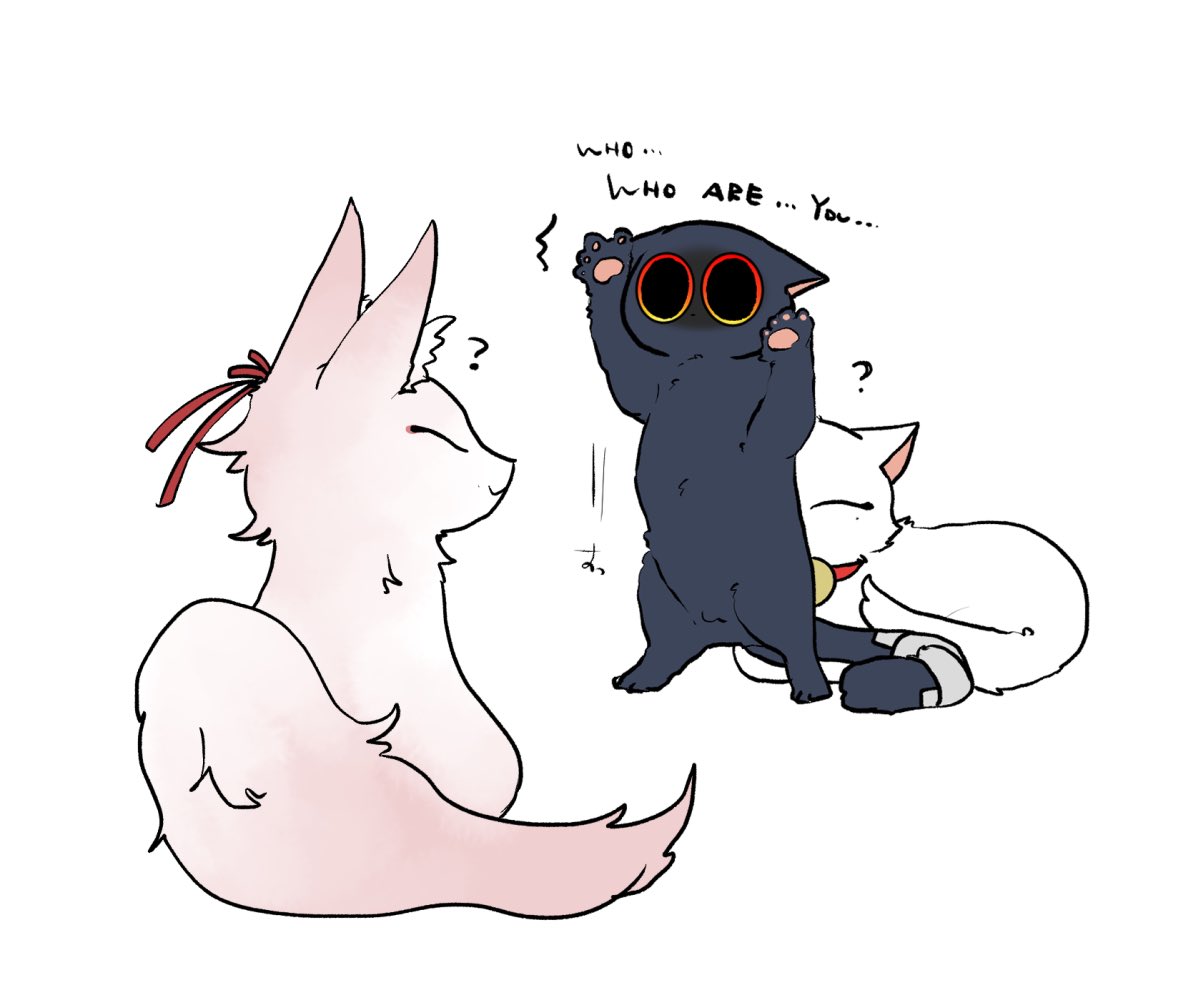 the image is a cute cartoon drawing of three cats with dialogue. the cats are drawn in a simple, clean style with minimalist backgrounds. two of the cats are in a playful pose, while the third cat is looking confused and asking "who are you?" with a question mark above its head. the image is filled with a sense of curiosity and playfulness.