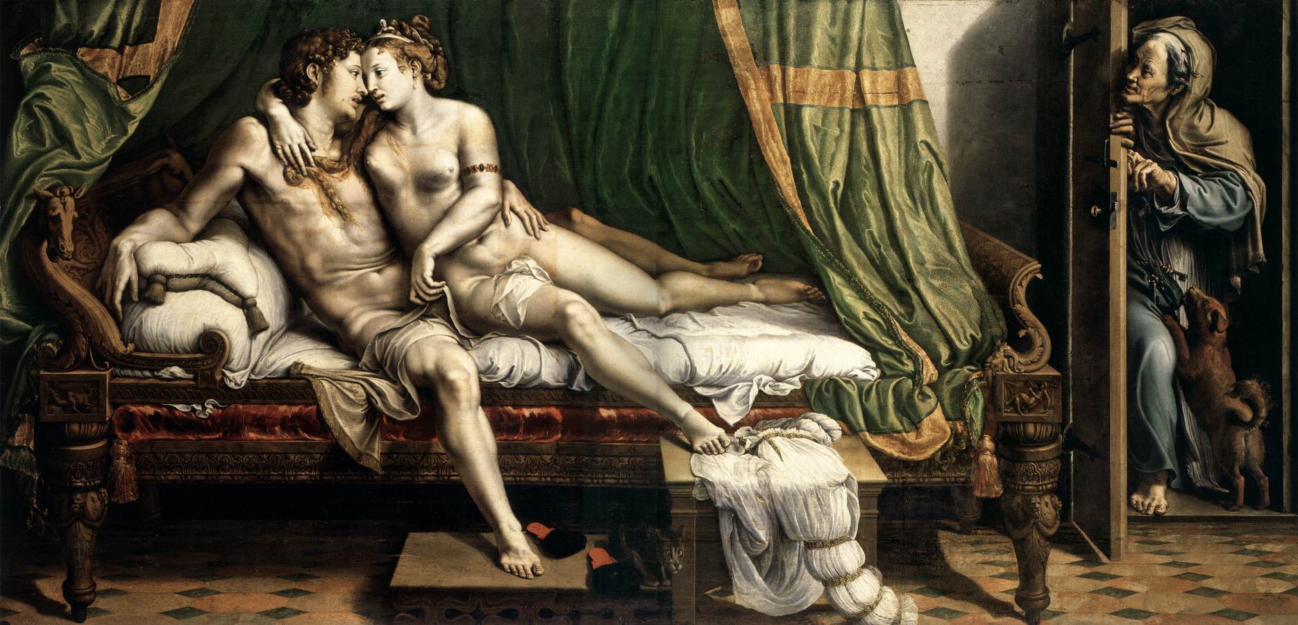 the painting, "mars and venus united by love" by paolo veronese, depicts a nude couple in bed under a green canopy. mars, a muscular man, embraces venus, a fairskinned woman, as they lie together. an old woman and a small dog are visible through an open doorway, peeking into the scene. the scene is set in a richly decorated interior with a tiled floor.