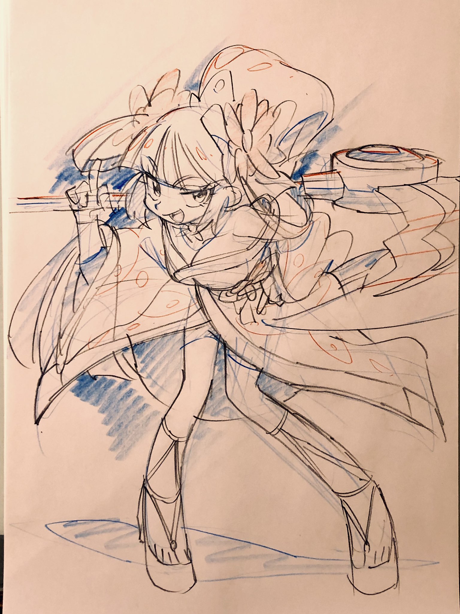 a black and white sketch of an anime girl in a dynamic pose. she is wearing a traditional japanese kimono and holding a sword. the lines are fluid and energetic, capturing the movement of the character. there are hints of blue pencil shading in the background and on the character's clothing. overall, the sketch has a lively and expressive quality.