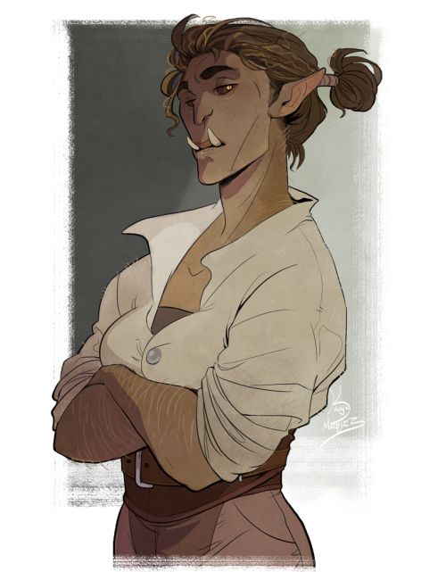 a digital illustration of a female orc warrior. she is drawn in a realistic style and looks fierce and strong. she has green skin,  brown hair,  tusks,  and crossed arms.  she is wearing a light brown shirt and dark pants with a brown belt.  the background is a plain white color.