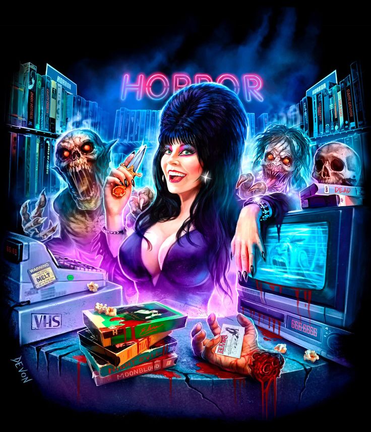 this is a digital illustration of a scene from a horror movie. in the center, a vampire woman wearing a purple dress and holding a knife is surrounded by vhs tapes, a severed hand, a zombie with a skull, and other scary elements. there is also a neon sign that says "horror." the image is set against a dark background with a slight neon glow, giving it a vintage and creepy aesthetic.