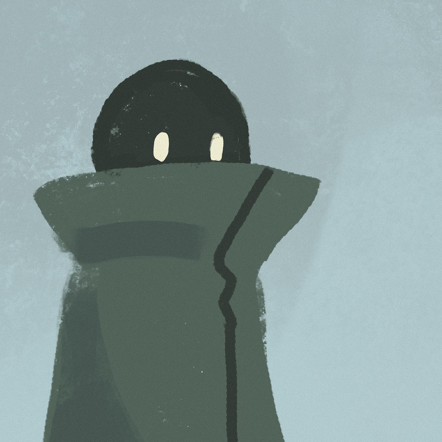 a digital illustration of a character with big black eyes peering over a large green collar. the background is a light bluegrey.