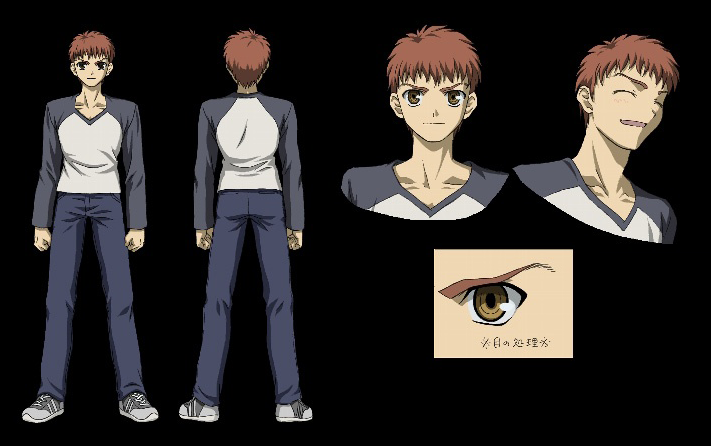 this image is a character design sheet for an anime or manga character. it features a male character with short, reddishbrown hair and is wearing a casual outfit consisting of a white and dark grey longsleeved shirt and dark blue pants and sneakers. the sheet includes multiple views of the character: a front view, a back view, and two closeups showing different facial expressions (a neutral expression and a slightly smiling, winking expression).  a detail of the character's eye is also included. the style is consistent with typical anime/manga character design.  the character sheet looks like it is intended for animation production.  text in japanese is visible near the eye detail.