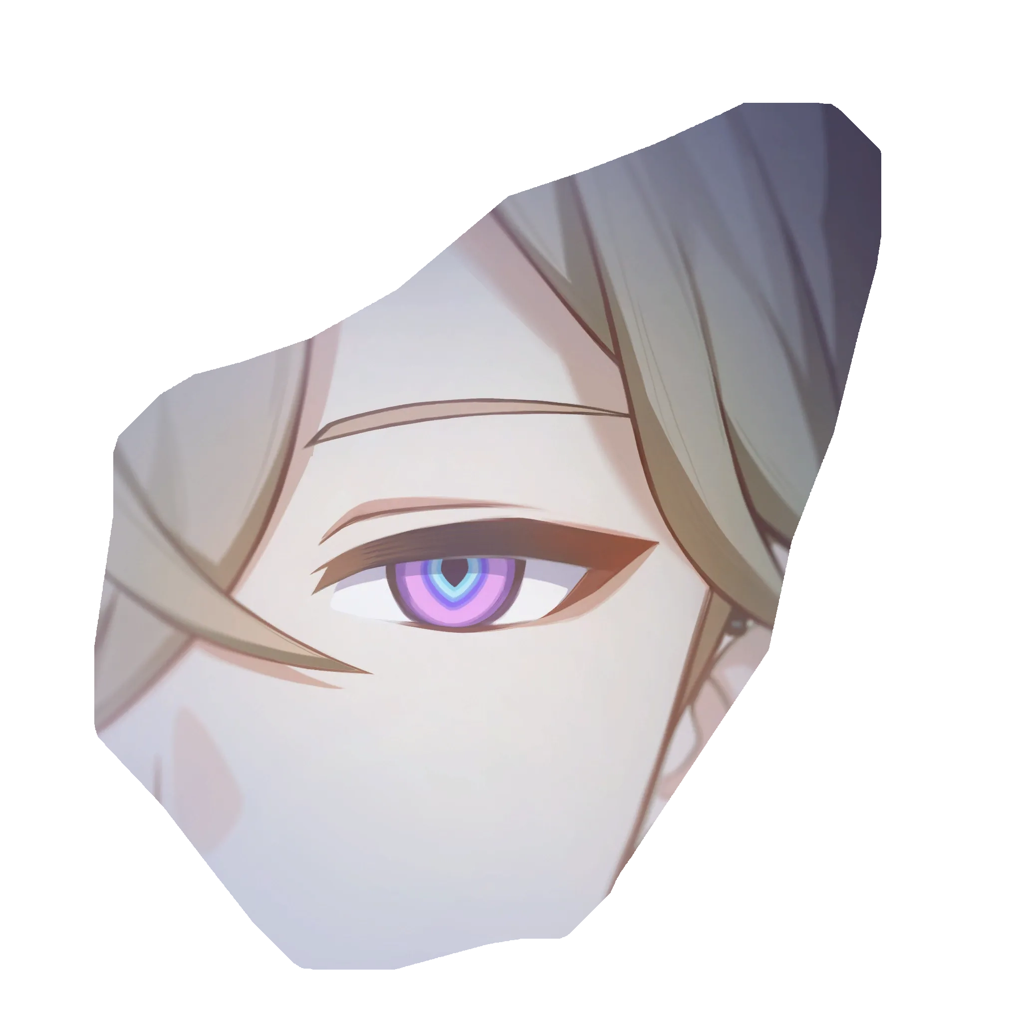 a closeup illustration of an animestyle character's eye. the eye is large and expressive, with a purple and pink iris that glows. the character has blonde hair and fair skin. the image is framed in an irregular, abstract shape against a black background. the style is soft and dreamy, with a focus on light and color.