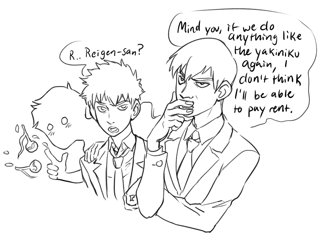 a black and white illustration of two manga characters in conversation. the man with black hair is looking concerned while the man with white hair is talking about not being able to pay rent if they go out for yakiniku again. there is a spirit behind them looking happy and holding money.