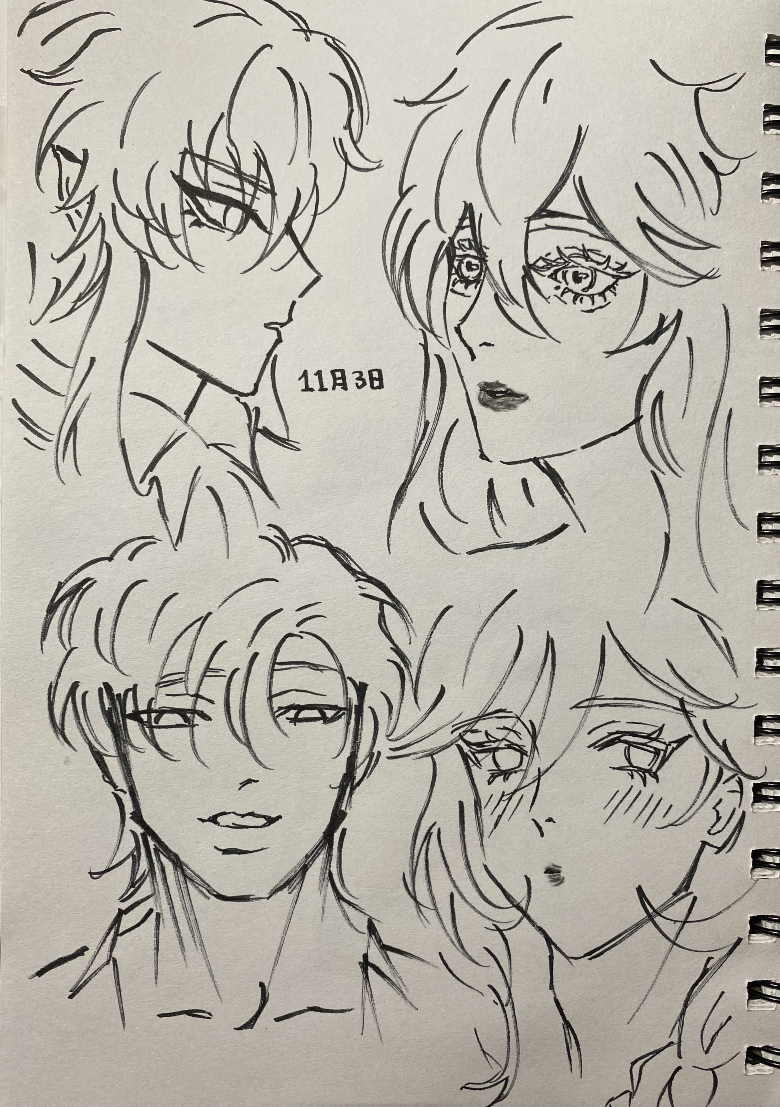 he image contains four distinct character sketches, seemingly from an anime or manga style.  the top left features a female character with long, flowing hair, and a serious expression. next to her is another female character, also with long hair, but exhibiting a more intense and perhaps melancholic expression. below, there's a male character with shorter, styled hair, showing a calm or gentle expression. the final sketch is a female character with long hair framing her face, showing a shy or blushing expression.  all sketches are rendered in black ink, showing a focus on linework and shading to create form and expression.  the style is consistent throughout, suggesting they may be from the same artist or series. a small date, "11月30", is visible near the top center. the sketches are on a paper that looks like a sketchbook page.
