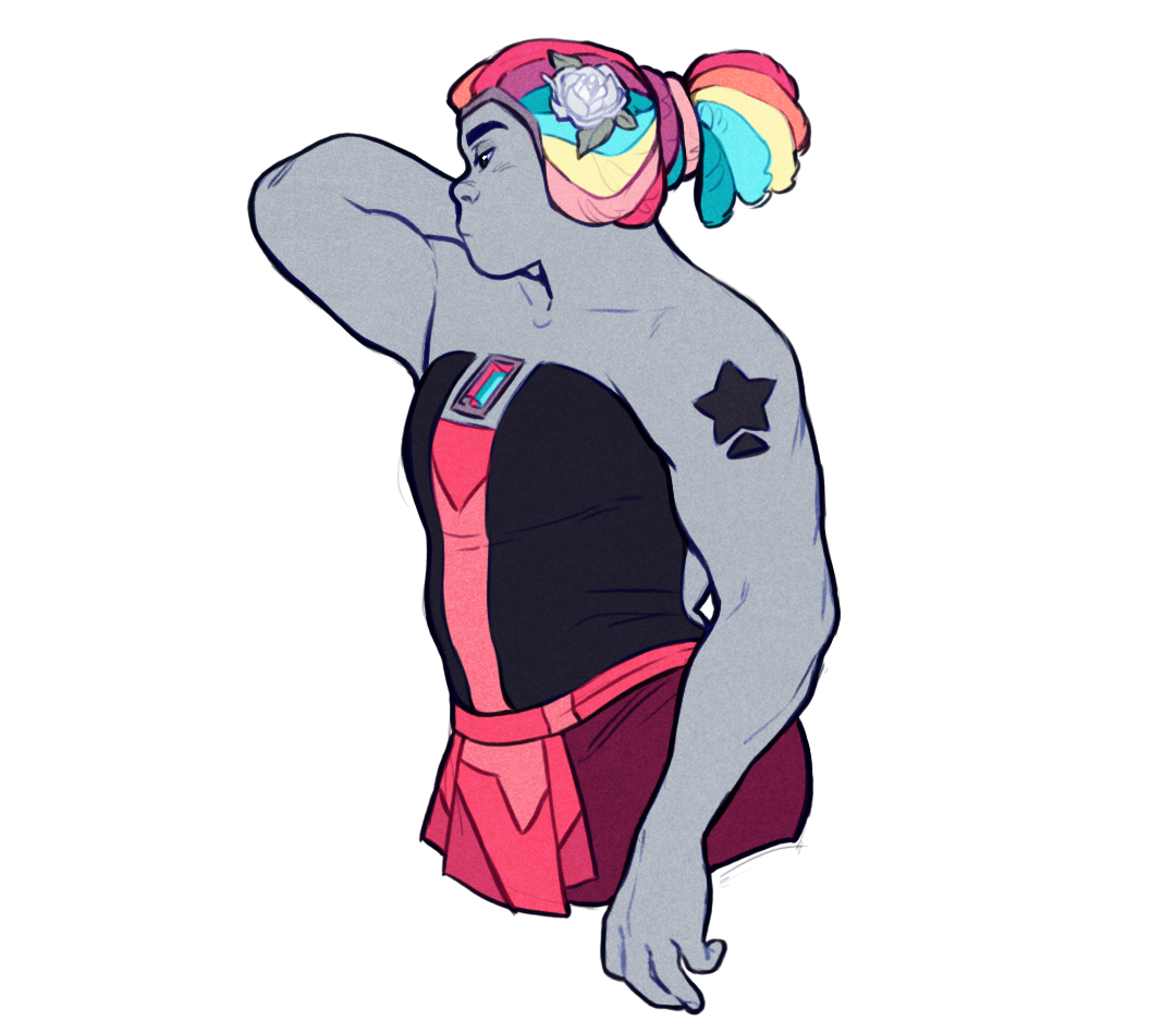 the illustration features a muscular, grayskinned character with a confident pose, gazing to the left. they have a rainbowcolored updo adorned with a white flower. the character is wearing a black and pink dress with a starshaped marking on their arm and a crystal detail on the dress's chest. the art style is cartoonlike with bold lines and flat coloring.