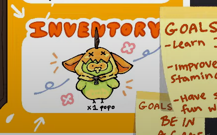a screenshot of what appears to be an ingame inventory screen. the inventory is represented by a cartoon drawing of a bird wearing an orange hat with a single, small horn.  the word "inventory" is written above the bird, and "x1 popo" is written below. there are also two sticky notes to the right, both labeled "goals".