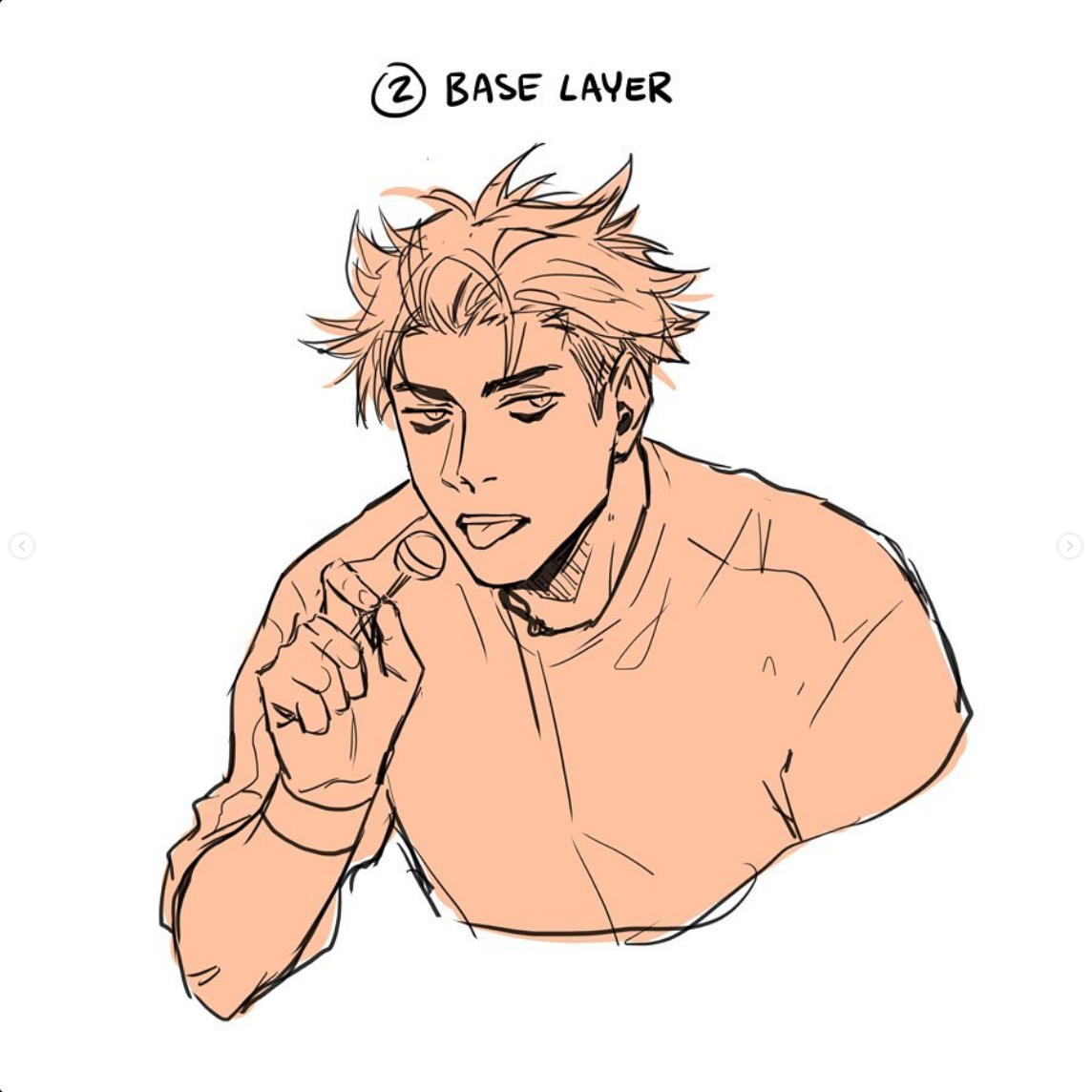 a black and white sketch of a man licking a lollipop. he has spiky hair and a content expression on his face. the background is white and the sketch is labeled "base layer." there's a light skin tone base layer partially applied to the sketch.