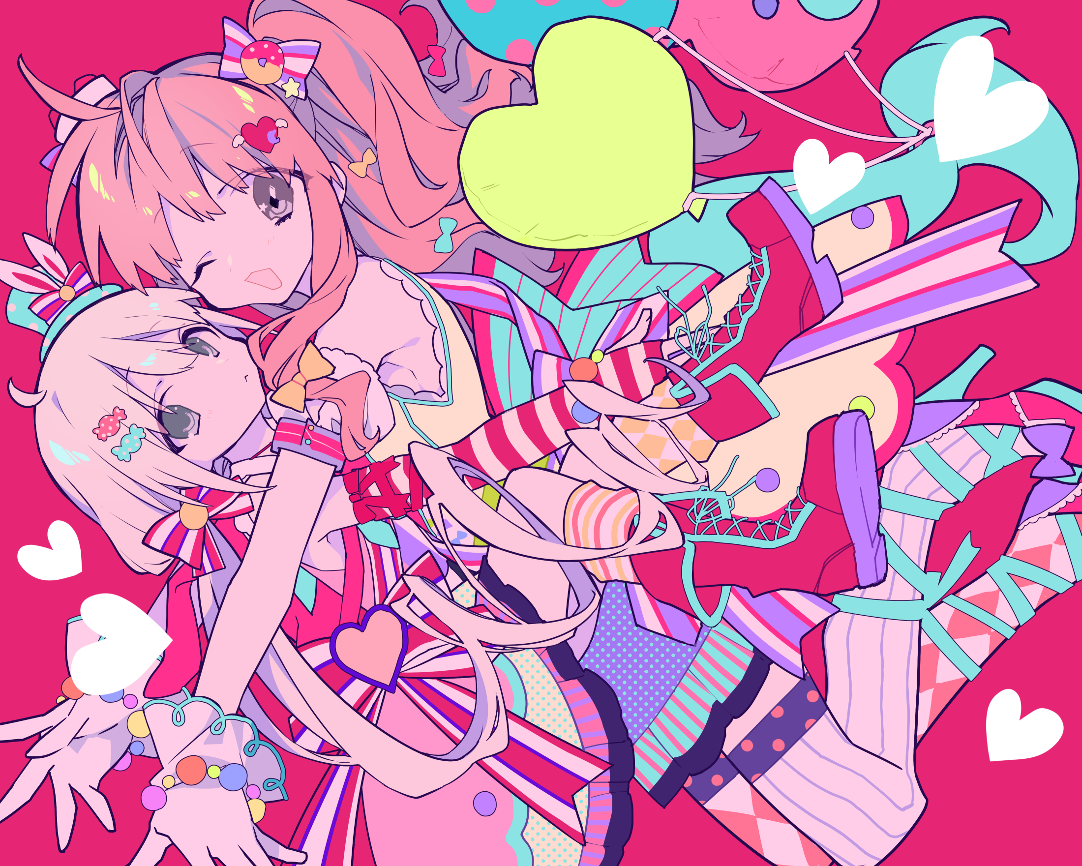 an illustration of two animestyle girls embracing. the girl with pink hair is on top and the other has white hair. they are surrounded by bright, pastelcolored elements including candy, bows, hearts, and balloons. the composition features striped and polkadotted patterns, ribbons, and other decorative details.