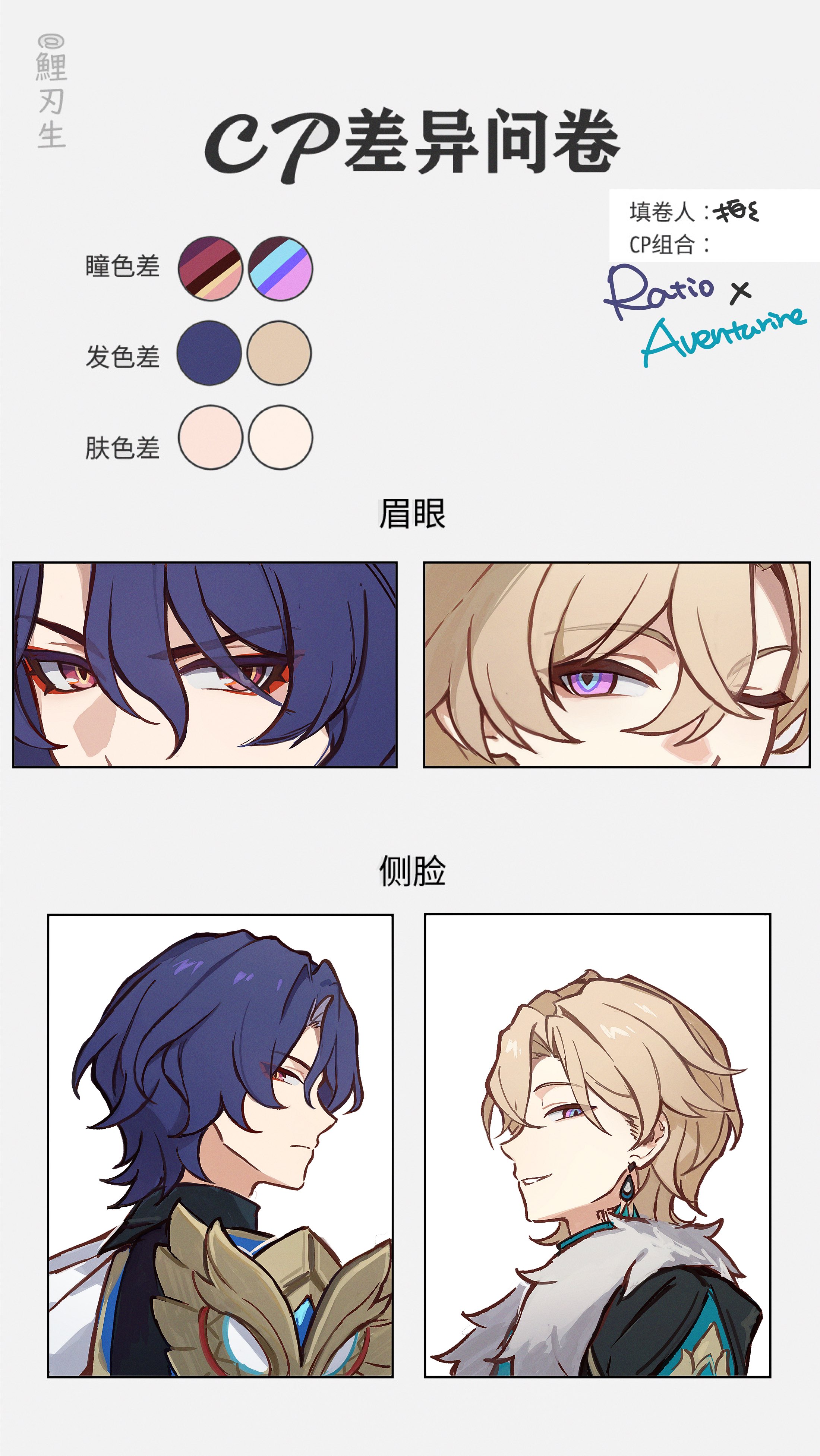 the image is an animestyle character comparison sheet, likely a fanmade survey or meme format. it features two characters, labelled as "ratio" and "aventurine", and highlights differences in their eye color, hair color, and skin tone using color palettes. the sheet also includes closeups of their eyes and side profile illustrations. the title is "cp 差异问卷", indicating a character pairing (cp) comparison survey. the pairing is explicitly stated as "ratio x aventurine" in handwritten text. the characters are drawn in an anime style with vibrant colors and distinct features.