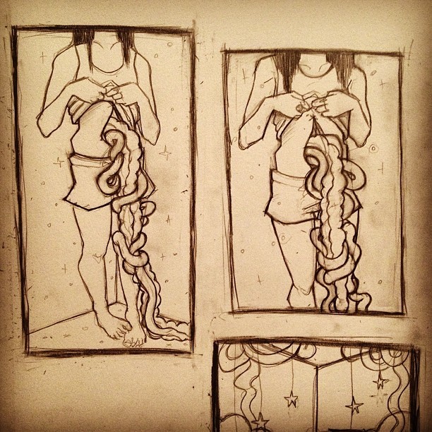 a drawing of two women with long, stringy hair that seems to come out of their body. the drawing is done in pencil and has a vintage look to it. the women are framed by a dark border, which gives the drawing a mysterious feel. the hair in the drawing is long and flowing, and it seems to be almost alive. it has a dark and creepy vibe. the image has a mysterious, almost unsettling feeling to it. it's a creative and original piece of art. the image is a bit disturbing, and it might be considered body horror. the art style is creative and interesting, and it's clear that a lot of thought and effort went into creating it.
