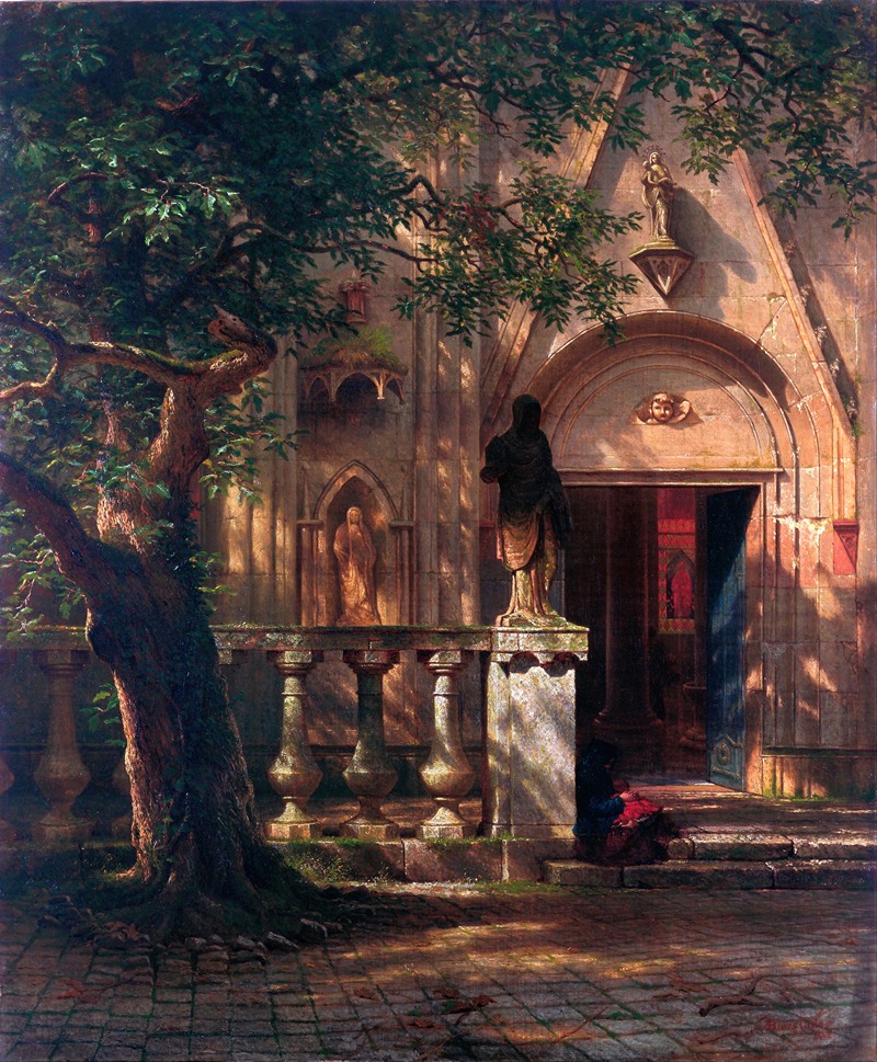 the painting depicts the exterior of a church viewed from a courtyard area. a large tree with thick foliage dominates the left side of the image, casting shadows on the cobblestone courtyard. the church façade is made of lightcolored stone, featuring architectural details such as arched doorways, statues in niches, and a balustrade. a figure in dark clothing is seated on the steps leading to the church entrance, and a red cloth is placed nearby. sunlight bathes the right side of the church, creating highlights and shadows that emphasize the texture of the stone. the overall atmosphere suggests a peaceful and contemplative scene.