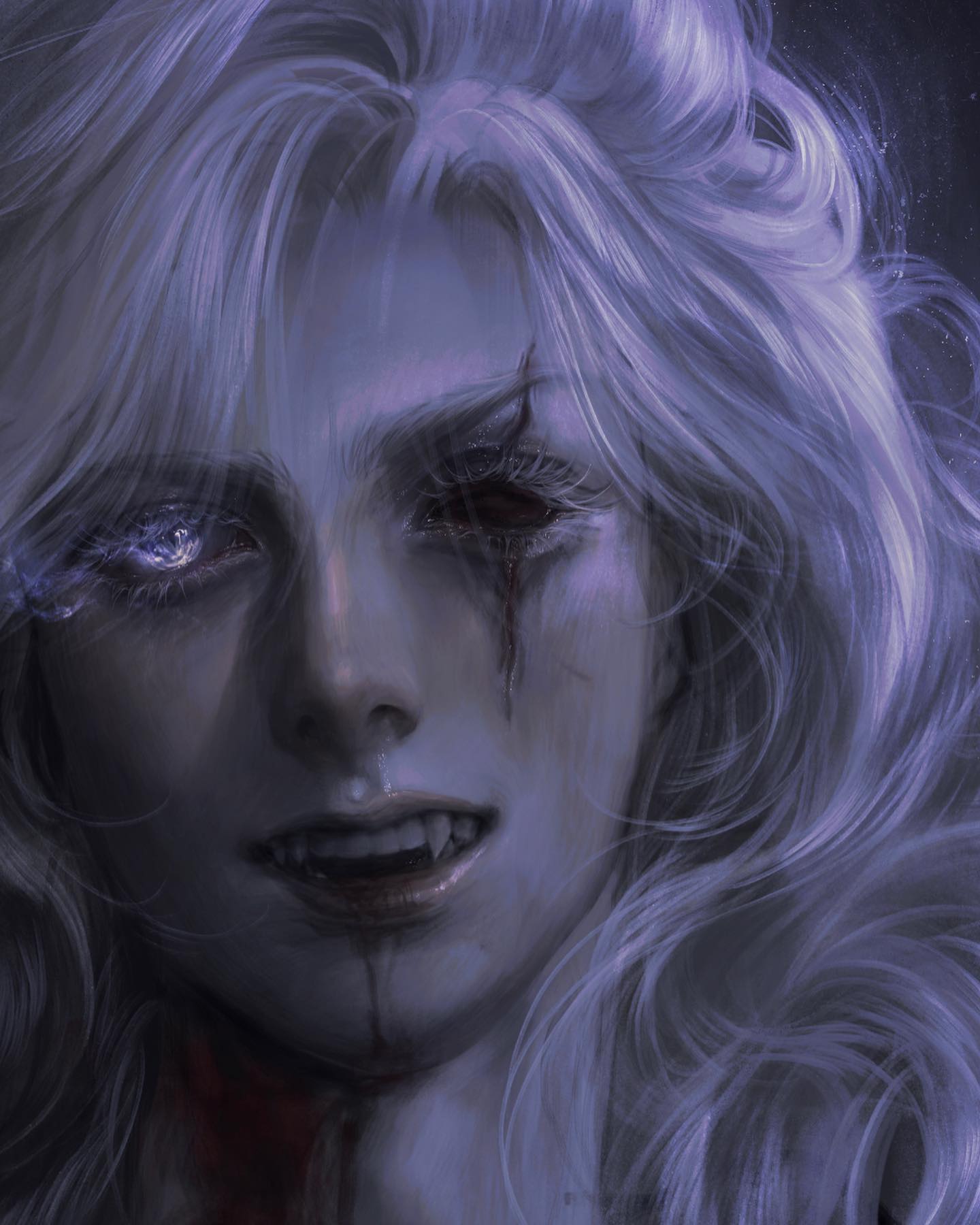 the image depicts a closeup portrait of a male vampire with long, flowing white hair. his eyes are glowing white, with one eye entirely black and marked by a streak of blood. there's blood smeared on his lips and chin, suggesting a recent feeding. the lighting is dramatic and ethereal, casting the vampire in a dark and mysterious light. the overall mood of the image is eerie and unsettling, emphasizing the monstrous nature of the subject.