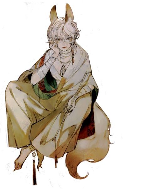 the image is a digital painting or illustration of an animestyle male character. he appears to be a young man with long, white hair and rabbit or foxlike ears. he is dressed in a flowing, lightcolored kimono or robe, accented with darker colors and patterns. he has bandages on his arms and is seated gracefully, holding a thin, long object that resembles a stick or staff. his expression is serene and he wears jewelry, adding to his elegant and almost mystical appearance. the art style leans towards a mix of traditional and modern techniques, resembling watercolor or ink painting.  the background is plain white, making the character the clear focal point.
