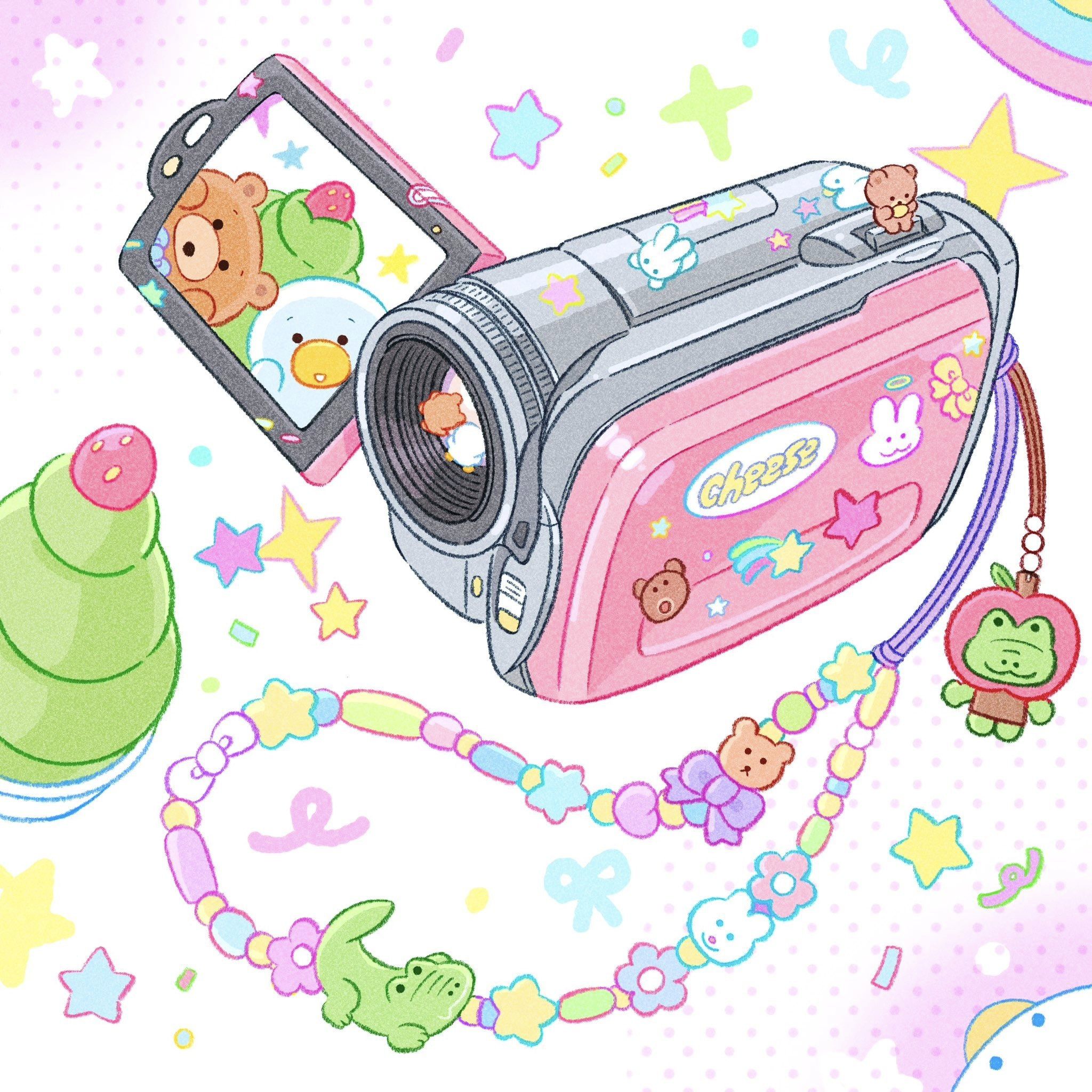 the image is a vibrant and playful digital illustration in a kawaii style.  it features a pink camcorder adorned with stickers of cute animals and stars, acting as the central element. a pastelcolored beaded necklace with charming pendants is also prominently displayed. other elements include a green matcha ice cream cone, and scattered pastel shapes and stars fill the background, creating a cheerful and whimsical scene. the overall style is reminiscent of 90s and y2k aesthetics.